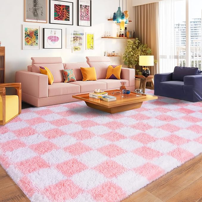 Pionblank Checkered Rug for Living Room, Modern Soft Shag 6x9 Area Rugs, Plush Fuzzy Carpet for Bedroom Girls Boys Room Home Nursery Teens Dorm Decor, Pink and White
