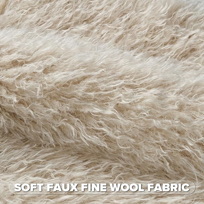 FUTEI Pack of 2 Shaggy Mongolian Faux Wool Throw Pillow Covers 18x18 Inch Soft Fluffy Farmhouse Decorative Cushion Case for Couch Bed Living Room, Beige