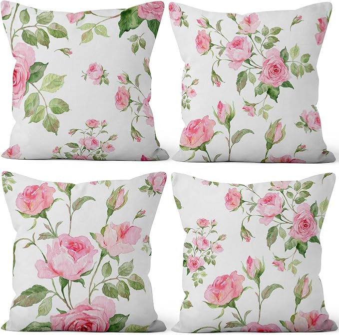 Pink Roses Throw Pillow Covers Blooming Floral Set of 4 Vintage Countryside Small Flower Green Leaves Linen Square Pillowcases for Couch Sofa Bedroom Patio Farmhouse Chair 22x22 Inch