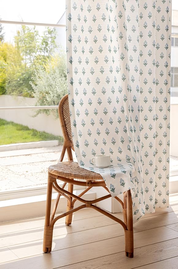 DrapePalette - Linen Blend Pinch Pleated Curtains 96 Inches Long for Living Room, Bedroom, Dining Room, Light Filtering Curtains 2 Panels Set, Modern Floral Printed Design, Indigo Bud, 30" W x 96" L
