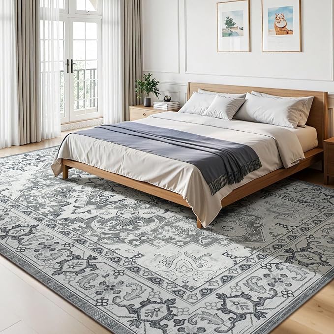 Lessymo Area Rugs 10 x 14 for Living Room, Washable Large Area Rugs Boho Faux Wool Low Pile Area Rug for Bedroom, Floral Medallion Vintage Rugs with Non-Slip Rubber, Kid & Pet Friendly,Grey Beige