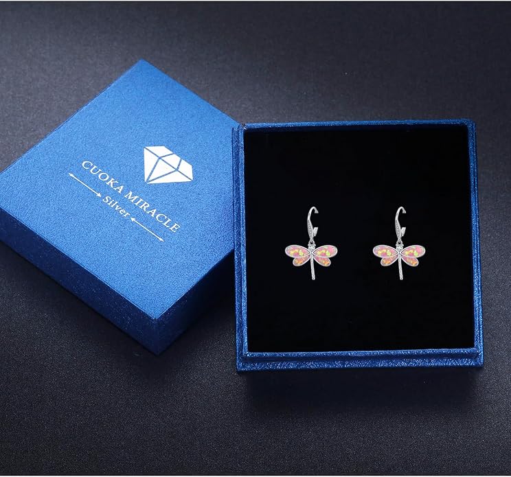 CUOKA MIRACLE Dragonfly Earrings 925 Sterling Silver Hoop Dragonfly Earrings Dangle Drop Opal Earring Dragonflies Jewelry Gifts for Women Wife