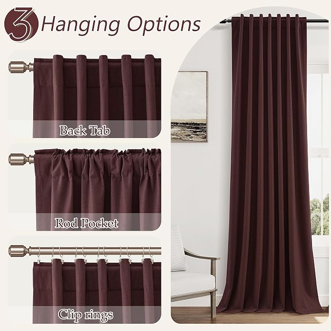 Guken 100% Blackout Curtains 84 Inch Length 2 Panels Set for Living Room Bedroom Back Tab Thermal Insulated Black Out Linen Drapes Room Darkening Reddish Brown,52x84