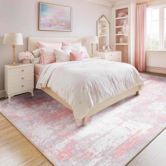 RELEANY Washable Area Rugs 6'x8' Non-Slip Modern Abstract Soft for Living Room Entryway Bedroom Kitchen, Print Pattern, Grey Pink