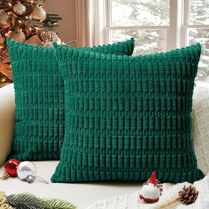 Softalker Corduroy Throw Pillow Covers 16x16 Set of 2, Soft Plush Decorative Square Cushion Cases for Living Room Couch Sofa, Modern Farmhouse Boho Home Decor, Green
