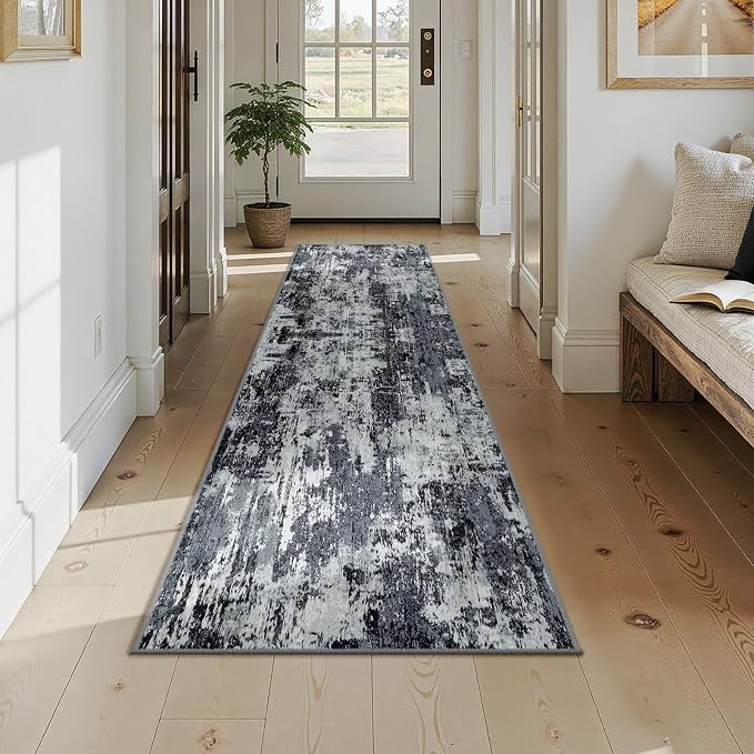 RELEANY Washable Area Rugs 2x9 Non-Slip Modern Abstract Soft for Living Room Entryway Bedroom Kitchen, Print Pattern, Black Navy Blue Gray