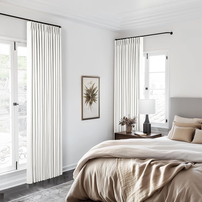 Pinch Pleat 100% Blackout Curtains 86 Inch Length 2 Panels Set Flax Linen Beige White Cream Room Darkening Soundproof Curtains Drapes with Hooks Rings Back Tab for Bedroom Living Room Track System
