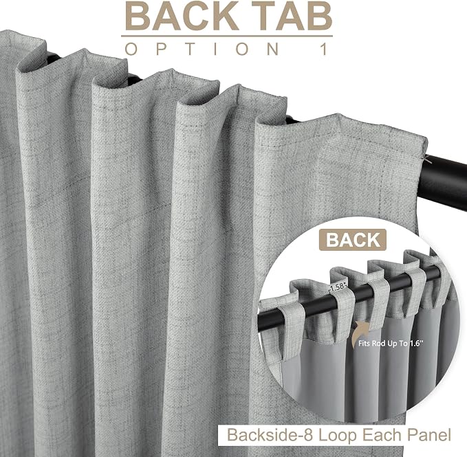 100% Blackout Shield Linen Blackout Curtains for Bedroom 63 Inches Long, Back Tab/Rod Pocket Living Room Drapes, Thermal Insulated Blackout Curtains 2 Panels Set, 50" W x 63" L, Grey
