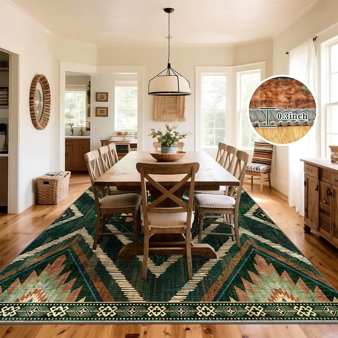9x12Ft Boho Washable Area Rugs, Large Living Room Area Rug Non Slip, Low Pile Green Moroccan Bedroom Carpets, Non Shedding Soft Floor Carpet for Dining Room Nursery Home Office