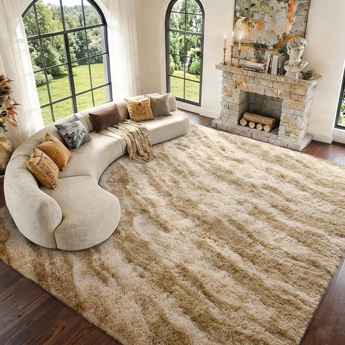 9x12 Extra Large Area Rugs for Living Room, Shaggy Non-Slip Tie-Dyed Rugs for Bedroom Kids Playroom Dorm Room, High Pile Ultra Soft Carpet, Khaki