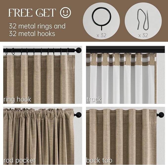 Topfinel Extra Long 132 Inch 100% Blackout Curtains for Livingroom Taupe Burlap Linen Blend Farmhouse Curtain Drapes Sound Proof Drapes Privacy Ceiling Track Villa Bedroom 11Ft(W52 xL132 2 Panels)