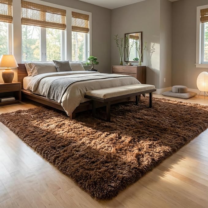Fluffy Rugs for Living Room: Coffee Brown Soft Shag Rug for Bedroom, Large Fuzzy Plush Indoor Carpet Non Slip Modern Rug for Nursery Kids Room Dorms Office Home Decor, 7x10 Feet