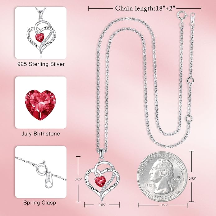 Iefil Gifts for Sister - 925 Sterling Silver Birthstone Necklace Sisters Jewelry