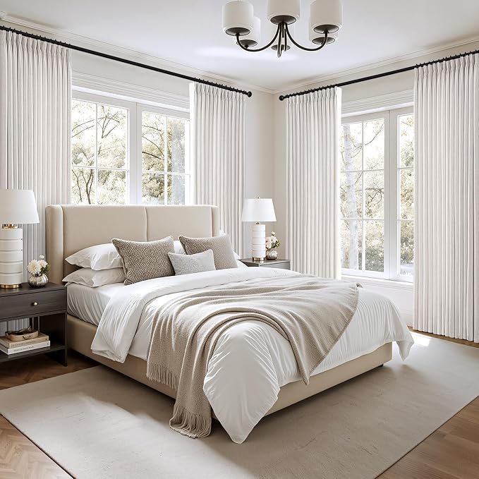 MIULEE Pinch Pleated Thick Linen Curtains 96 Inch 4 Panels Set Back Tab Memory Trained Pinch Pleat Semi Sheer Light Filtering Curtains Let Light in Window Drapes for Living Room Bedroom Beige White