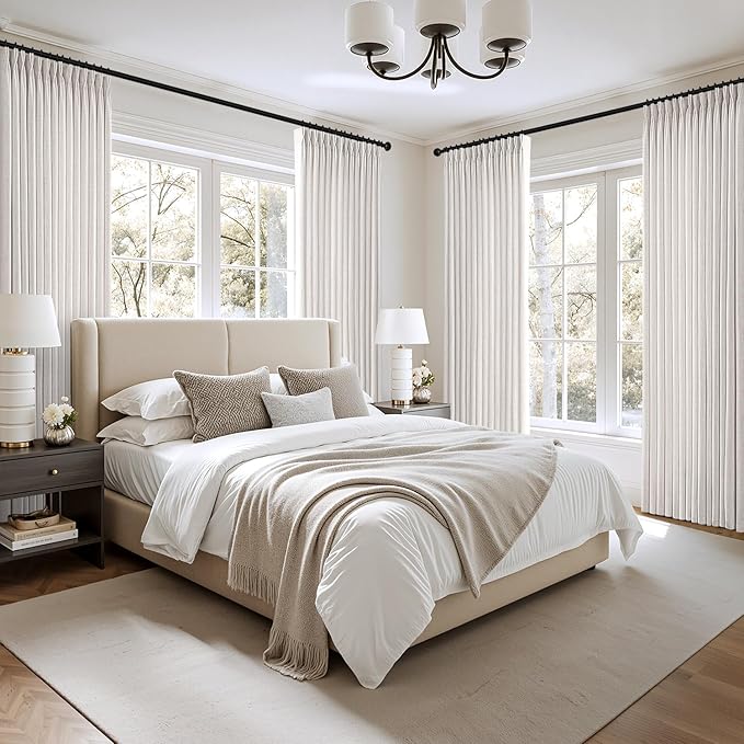 MIULEE Pinch Pleated Thick Linen Curtains 84 Inch 4 Panels Set Back Tab Memory Trained Pinch Pleat Semi Sheer Light Filtering Curtains Let Light in Window Drapes for Living Room Bedroom Beige White