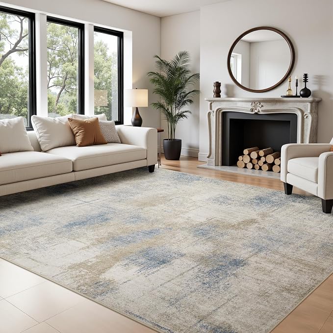 Joydeco Modern Abstract Washable 5x7 Area Rugs for Living Room, Machine Washable Bedroom Rug, Faux Wool Print Non-Slip Neutral Low Pile Stain Resistant Carpet for Dining Room Nursery Home Office Decor