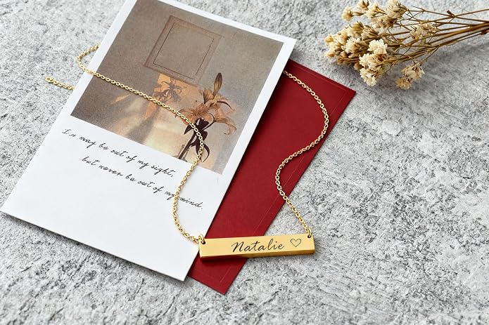 HUAN XUN Custom Bar Necklace Personalized Engraved Name Bar Necklace for Women Customized Stainless Steel Heart Pendant Bar Jewelry Gift for Her Mother Day Christmas