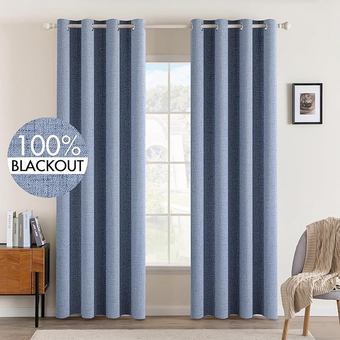 MIULEE Linen Texture Curtains for Bedroom Solid 100% Blackout Thermal Insulated Stone Blue Curtains Grommet Room Darkening Drapes for Living Room 52x108 Inch (2 Panels)