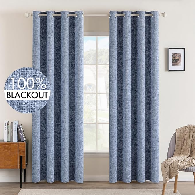 MIULEE Linen Texture Curtains for Bedroom Solid 100% Blackout Thermal Insulated Stone Blue Curtains Grommet Room Darkening Drapes Luxury Decor for Living Room 52x90 Inch (2 Panels)