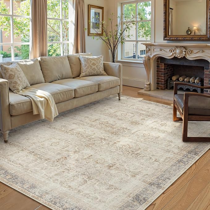 Collive Washable Area Rug 6x9, Large Boho Rugs for Living Room Vintage Soft Rugs for Bedroom, Non Slip Ultra-Thin Dining Room Floor Carpet for Entryway Kitchen Office - Tan