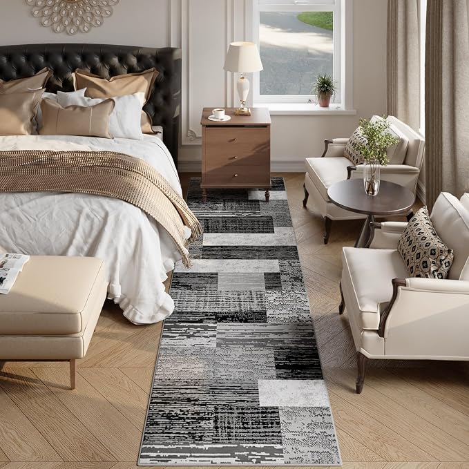FlyDOIT Modern Geometric Patchwork Runner Rug, 2.7x10 Grey Runners for Hallways Non Slip, Washable Indoor Bedside Rugs for Bedroom, Floor Throw Carpet Runners for Entryway Kitchen Bathroom Laundry
