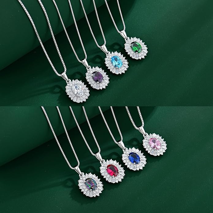 Birthstone Necklace 925 Sterling Silver Oval 5A Cubic Zirconia Pendant Necklace Jewelry Birthday Gifts for Women