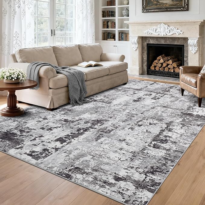 GarveeHome 6x9 Abstract Area Rugs Grey Washable Living Room Bedroom Rug | Soft Low Pile Non Slip Accent Rug for Living Room, Dining Room, Modern Neutral Indoor Carpet