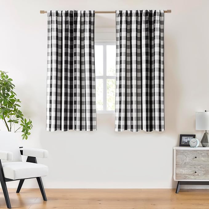 Short Black White Buffalo Plaid Curtain Panels 72 Inches Length | Checkered Farmhouse Drapes for Bedroom Living Room,Thermal Insulated Window Treatment,Rod Pocket Back Tabs,40"Wx72"Lx2