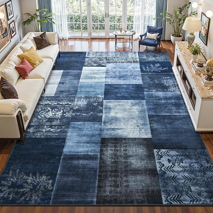 DweIke Washable Area Rugs 4x6 for Living Room, Modern Geometric Navy Blue Soft Patchwork Carpet, Non-Slip Stain Resistant Throw Rug for Bedroom Dining Room Office Home Decor