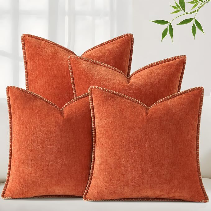 decorUhome Fall Soft Decorative Chenille Throw Pillow Covers 20x20 Set of 4 | Burnt Orange Decorative Modern Farmhouse Neutral Pillow Cases with Stitched Edge for Couch Sofa Bed Living Room Home Decor