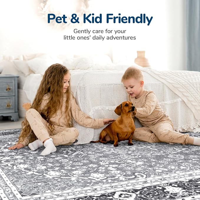 Lessymo 3 x 5 Area Rugs for Living Room- Machine Washable Area Rugs Boho Faux Wool Low Pile Area Rug for Bedroom Floral Medallion Vintage Rugs with Non-Slip Rubber, Kid & Pet Friendly,Grey White
