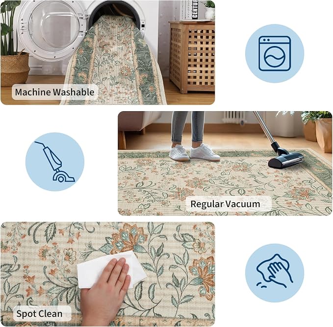 GarveeHome 4x6 Sage Green Washable Area Rug for Nursery Room, French Country Floral Bedroom Rug Non Slip Low Pile Carpet Stain Resistant Throw Rug for Bedside Kids Room Office Dining Room