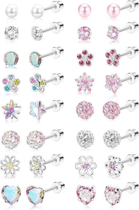 THUNARAZ 16 Pairs Hypoallergenic Earrings for Girls Kids Women Surgical Stainless Steel Earrings for Sensitive Ears Cute Flower Heart Ball Toddler Screw Back Stud Earring Flat Back Earring Set 20G