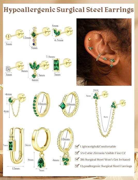 ORAZIO 20G Helix Piercing Jewelry Flat Back Cartilage Earrings for Women Surgical Stainless Steel Hypoallergenic Hoop Stud Earrings Set Tragus Helix Piercing Jewelry for Sensitive Ears Single Pc