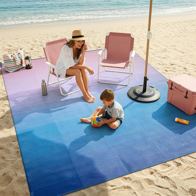 Lahome Outdoor Area Rugs 8x10 Waterproof, Large Reversible Plastic Straw Camping Rug for Patio, Lightweight Portable Outdoor Carpet for Backyard Garden Balcony, Blue Pink 8'x10'