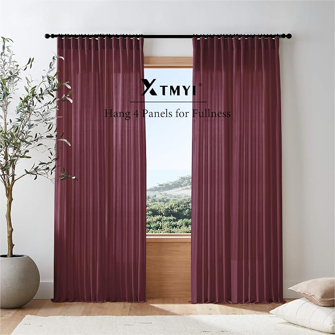 XTMYI Maroon Wine Red Curtains 96 Inches Long for Living Room 2 Panels Set, Linen Hooks Track Country Farmhouse Curtains for Dining Room Bedroom