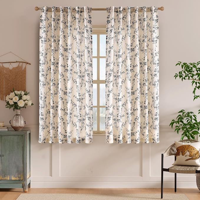 Lazzzy Farmhouse Linen Curtains Black Floral Curtains 63 Inch Length Back Tab Drapes for Living Room Bedroom Light Filtering Country Vintage Rod Pocket, 2 Panels, Black on Beige