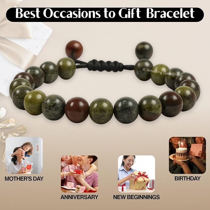 Amazing Gemstone Dragon Bloodstone Bracelet, Gifts for Men & Women - Protection Healing Crystal Bracelet - 8mm Gemstone Beaded Adjustable Bracelet, Pulseras para Hombres Mujer Stocking Stuffers