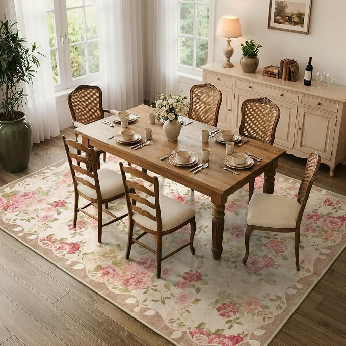 Lahome Washable Area Rug 6x9,Nursery Rug Girl Pink Dorm Rug, Vintage Girls Rugs for Bedroom Ultra-Thin Non Slip Carpet for Playroom Closet Dorm Room Decor Nina (6'X9',Beige)
