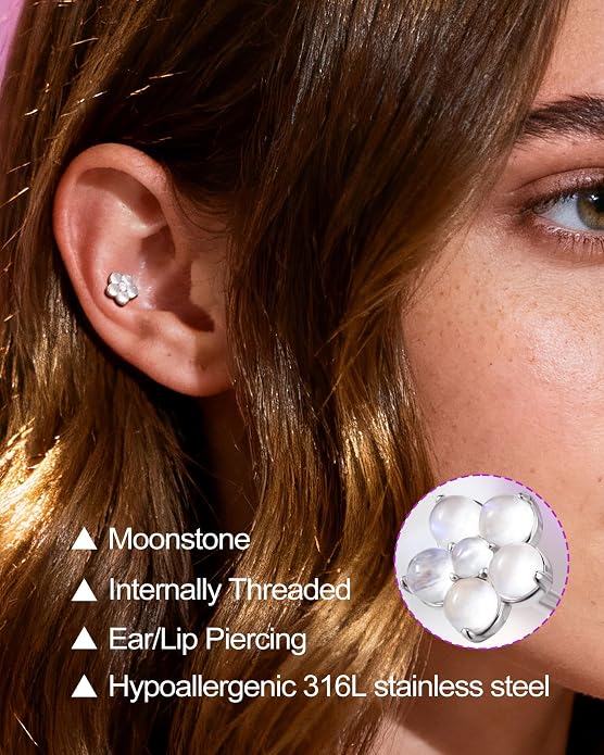 Chrysoprase Moonstone 925 Sterling Silver Hypoallergenic Flat Back Stud Earring Internally Threaded 16G 8mm Fine Piercing Jewelry for Helix Tragus Conch Cartilage Lip