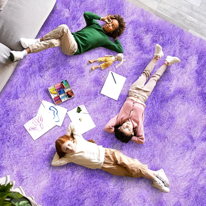 Dssimo 9x12 Area Rugs for Living Room, Purple Tie-Dyed Plush Fluffy Carpet | Upgrade Non-Slip Thick Large Plush Shag Rugs for Nursery Kids Room Dorm Room Home Decor, Indoor Plush Floor Carpet