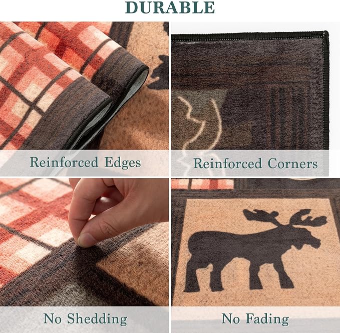 LIANLAM 9x12 Washable Area Rugs for Living Room and Bedroom(9x12,Deer) | Non-Slip Large Carpet,Vintage Checkered Pattern, Stain Resistant Faux Wool Low Pile Soft Rug for Dining Room,Office,Nursery