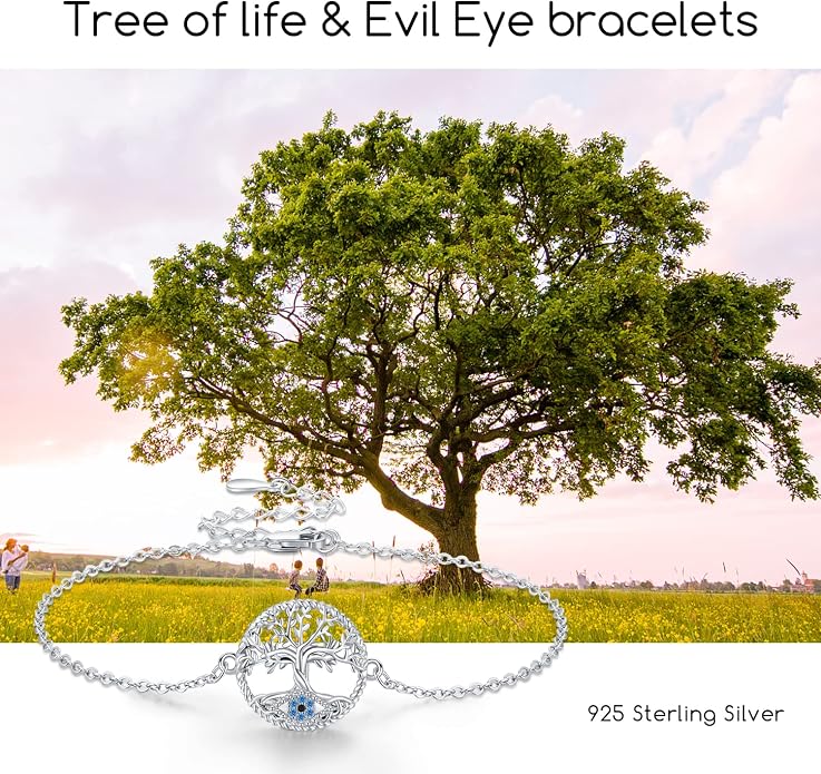 Midir&Etain Tree Of Life & Evil Eye Bracelet Anklet For Women 925 Sterling Silver Adjustable Family Tree Christmas Jewelry Gifts