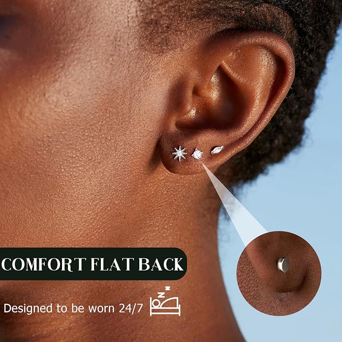 14K Gold Plated Solid 925 Sterling Silver Post Flat Back Earrings Stud | Cartilage Helix Conch Tragus Piercing Jewelry 3 Pairs Tiny Screw Dainty CZ Opal Earring Set Men Women