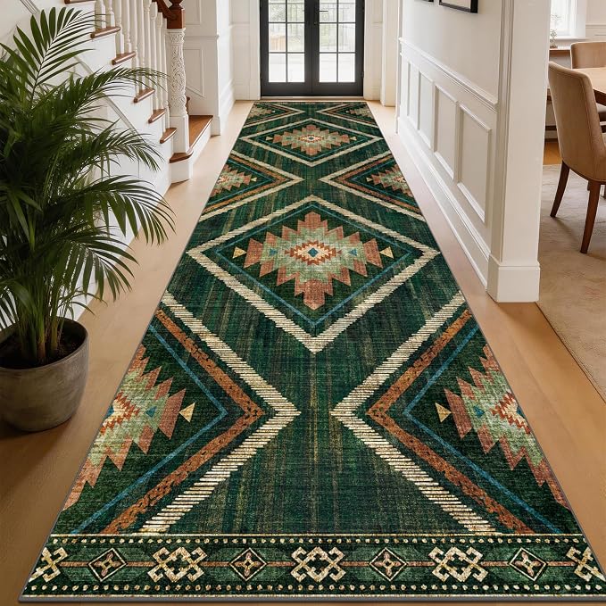 Boho Runner Rugs for Hallway 3x14Ft Non Slip, Long Wide Green Moroccan Washable Kitchen Rug Runner, Soft Geometric Entryway Floor Carpets for Entrance Doorway Home Office Decor