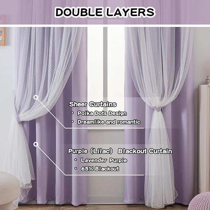 MYSKY HOME Lilac Curtains for Girls Bedroom & Nursery Kids Blackout Short Curtains for Small Windows 54 Inch Long Double Layer with Polka Dots Sheer, Grommet Tops, 52" Wide, 2 Panels