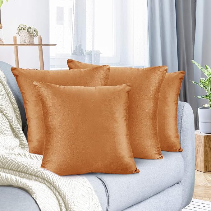 Nestl Throw Pillow Covers, Cozy Velvet Decorative Pillow Cases 24 x 24 Inches, Soft Solid Couch Pillow Covers for Sofa, Bed and Car, Set of 4 - Rust Orange Brown