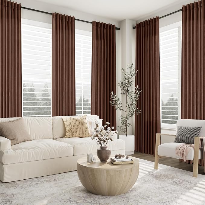 Aersas Rustic Brown Pinch Pleated Linen Curtains 90 Inch Length 2 Panels for Living Room Bedroom Semi Sheer Window Curtain Boho Neutral Back Tab Pinch Pleat Drape with Hooks 40x90