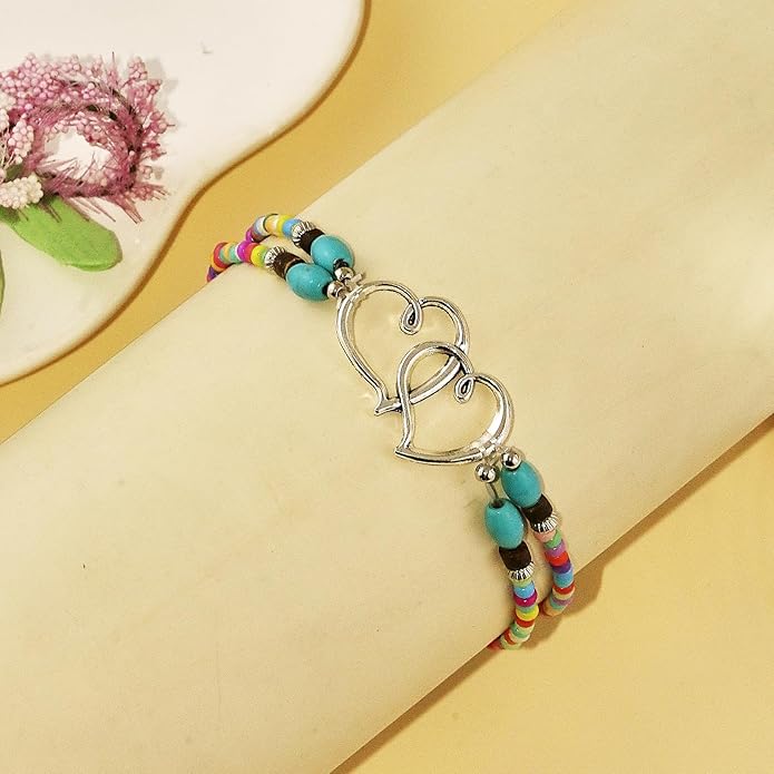 Elastic Beaded Ankle Bracelets for Women Double Heart Layered Stretch Ankle Bracelets Waterproof Dainty Boho Beaded Anklets for Summer Beach Foot Jewelry