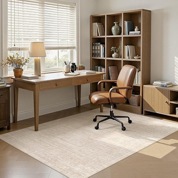 Nakagishi 4x6 Area Rugs Living Room: Washable Large Vintage Rug Neutral Non-Slip Soft Stain Resistant Indoor Carpet for Bedroom Nursery Dining Room Office Playroom - Beige